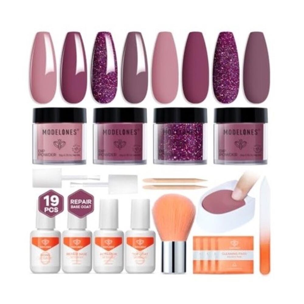 Modelones Dip Powder Nail Kit 4 Colors Purple Pink Glitter With Accessories